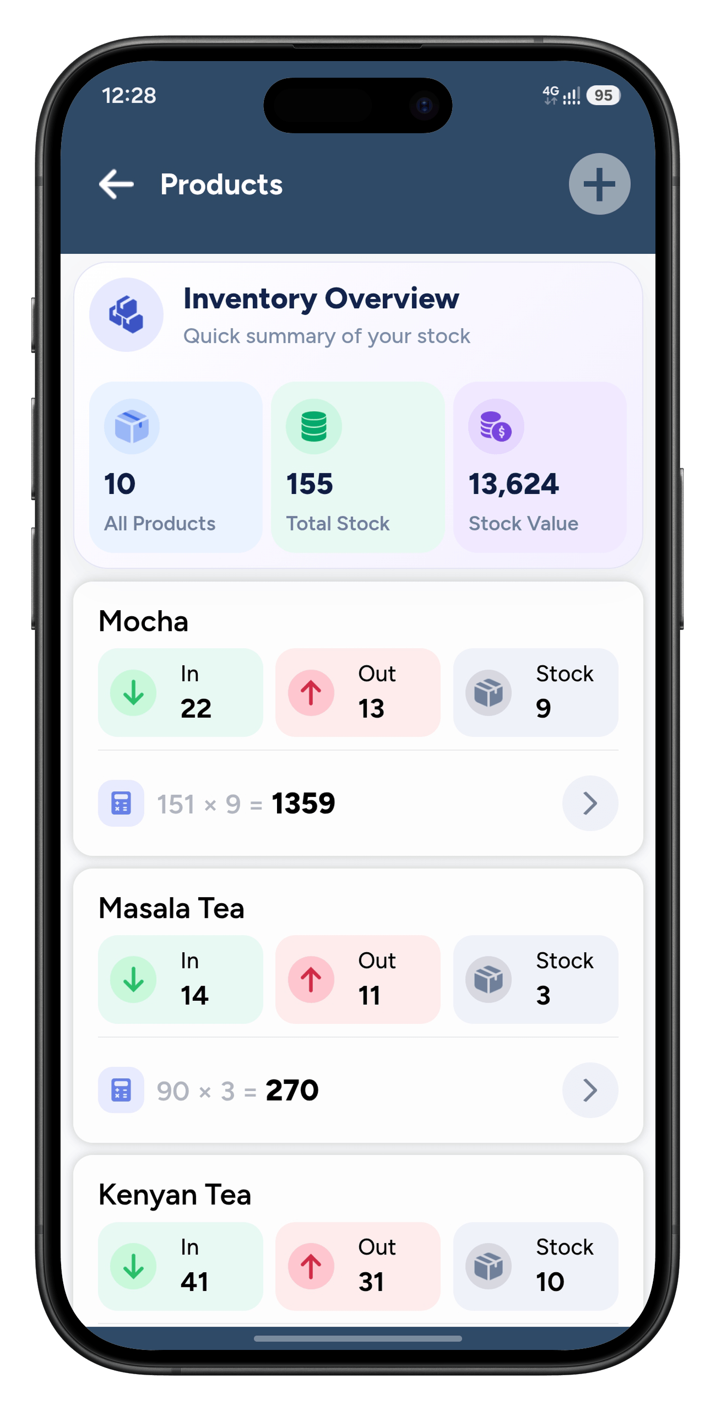 Products screen with stock in, out and value
