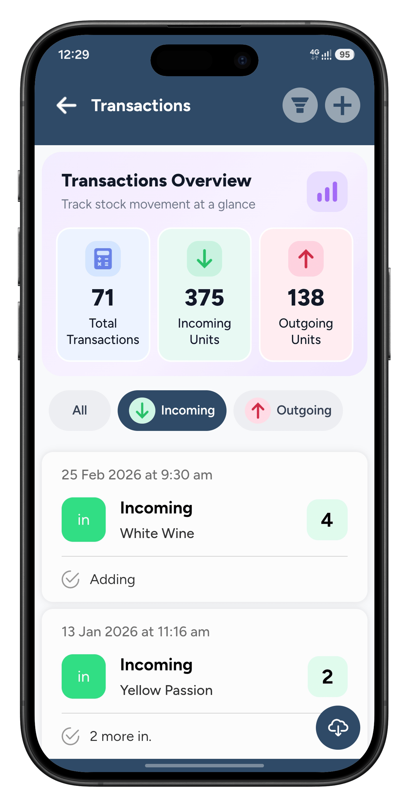 Transactions screen listing incoming and outgoing stock